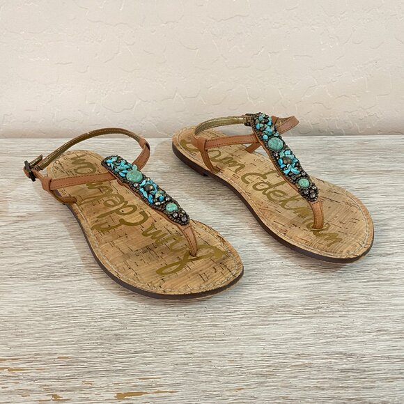 Sam Edelman Sandals 6.5 Tan Turquoise Blue Stones Beads Cork Thong T Strap Flat - Picture 4 of 12